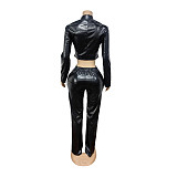 New Fashionable Stretch Leather Jacket and Pants Set MEM-88674