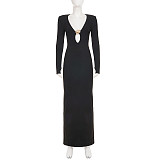 Sexy Hepburn-style V-neck High-end Metallic Buckle Bodycon Dress MRA-42946