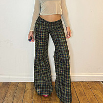 Casual Loose-fitting Plaid Printed Woven Flared Straight Leg Trousers MRA-45838