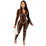 Sexy Solid Color Striped Long-sleeved Tight-fitting Jumpsuit YF-9756