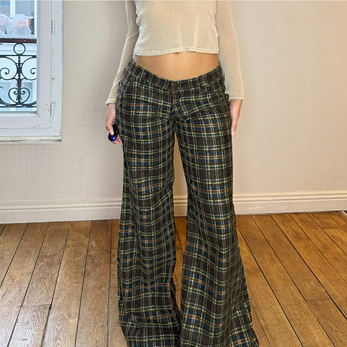 Casual Loose-fitting Plaid Printed Woven Flared Straight Leg Trousers MRA-45838
