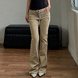 Casual Solid Color Pocket Corduroy Low-riseSlim Fit Versatile Flared Pants MRA-45653