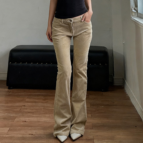 Casual Solid Color Pocket Corduroy Low-riseSlim Fit Versatile Flared Pants MRA-45653