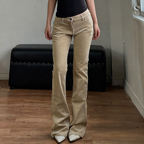 Casual Solid Color Pocket Corduroy Low-riseSlim Fit Versatile Flared Pants MRA-45653