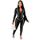 Sexy Solid Color Striped Long-sleeved Tight-fitting Jumpsuit YF-9756