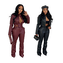 New Fashionable Stretch Leather Jacket and Pants Set MEM-88674