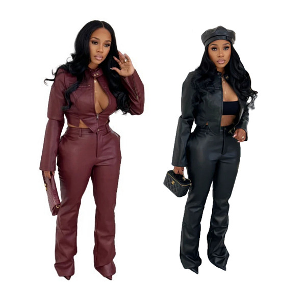 New Fashionable Stretch Leather Jacket and Pants Set MEM-88674
