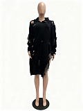 2025 Knitted Hand-Croche Distressed Brooch-Decorated Tassel Asymmetrical Neck Dress CM-9540