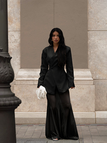 Stylish and Professional Solid Color Suit and Mesh Skirt Two-piece Set SFY-789