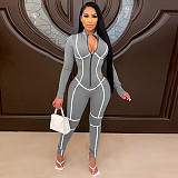 Sexy Solid Color Striped Long-sleeved Tight-fitting Jumpsuit YF-9756