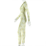 Stylish Slim Fit V-Neck Printed Pleated Long-Sleeved Jumpsuit JY-006293