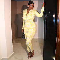 Stylish Slim Fit V-Neck Printed Pleated Long-Sleeved Jumpsuit JY-006293