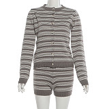 Casual Knit Striped Button-Up Top and Slim Fit Shorts Set ZJQD-87412