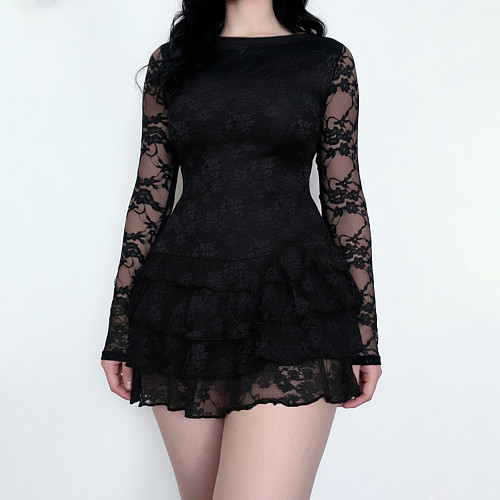 Sexy Round Neck Fitted Long Sleeve Sheer Lace Cake Dress MRA-46092