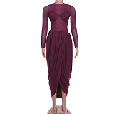 2025 Autumn Mesh Patchwork Ruffled Irregular Round Neck Long Sleeve Dress ZJQD-87069