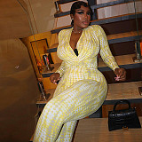Stylish Slim Fit V-Neck Printed Pleated Long-Sleeved Jumpsuit JY-006293