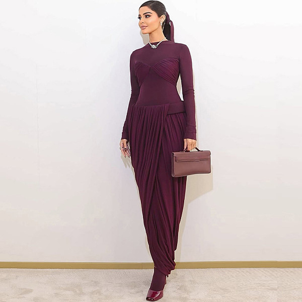 2025 Autumn Mesh Patchwork Ruffled Irregular Round Neck Long Sleeve Dress ZJQD-87069