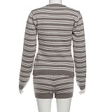 Casual Knit Striped Button-Up Top and Slim Fit Shorts Set ZJQD-87412