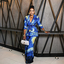 Fashionable Printed Loose Button-down Belt top And Wide-leg Pants Set CYA-902127