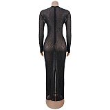 Fashionable and Sexy See-through Mesh Bodycon Dress With Rhinestones V