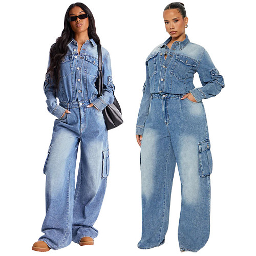 Fashionable Washed Distressed Multi-pocket Wide-leg Workwear Denim Jumpsuit JLX-6073