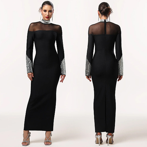 Stylish and Elegant High-neck Long-sleeved Slim-fit Rhinestone Dress BY-7592