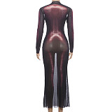 Sexy Asymmetrical Neckline Fitted Bodycon Long-Sleeved Printed Dress SXE-82024
