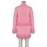 Stylish Collared Tassel Knit Cardigan and Pencil Skirt Set ZS-0349