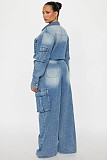 Fashionable Washed Distressed Multi-pocket Wide-leg Workwear Denim Jumpsuit JLX-6073