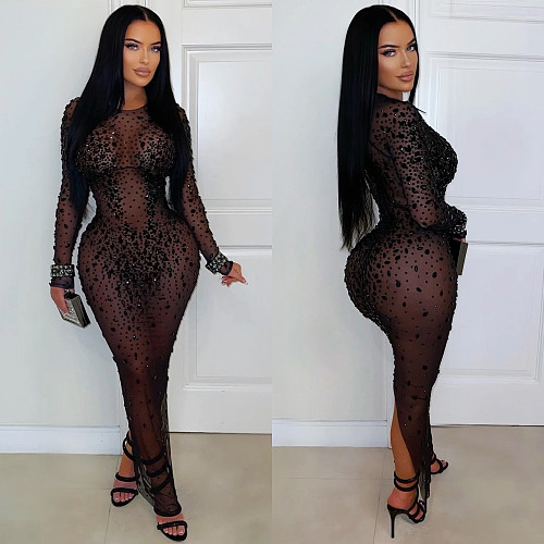 Fashionable and Sexy See-through Mesh Bodycon Dress With Rhinestones V
