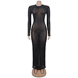 Fashionable and Sexy See-through Mesh Bodycon Dress With Rhinestones V