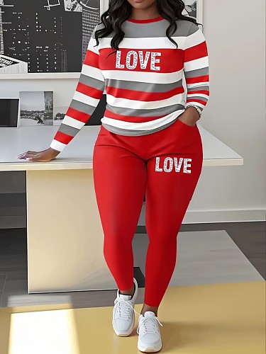 Stylish and Unique Striped Letter Print Crew Neck Long-sleeved Trouser Suit SHD-9936