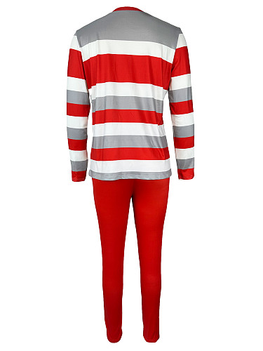 Stylish and Unique Striped Letter Print Crew Neck Long-sleeved Trouser Suit SHD-9936
