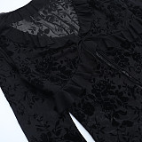 Sexy Deep V-neck Flared Sleeve Printed Cardigan and High-waisted Pencil Skirt Set SUM-25321