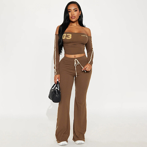 Off-the-shoulder Printed Cropped High-waisted Drawstring Flared Pants Set XYWL-25ST420