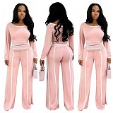 Fashionable Solid Color Striped Wide-leg Pants Two-piece Set YD-8844