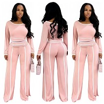 Fashionable Solid Color Striped Wide-leg Pants Two-piece Set YD-8844