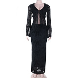Sexy Deep V-neck Flared Sleeve Printed Cardigan and High-waisted Pencil Skirt Set SUM-25321
