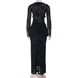 Sexy Deep V-neck Flared Sleeve Printed Cardigan and High-waisted Pencil Skirt Set SUM-25321