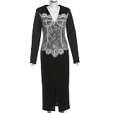 Stylish and Elegant Slim-fitting Lace-trimmed V-neck Slit Dress SXE-87336