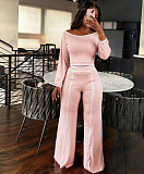 Fashionable Solid Color Striped Wide-leg Pants Two-piece Set YD-8844