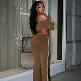 Off-the-shoulder Printed Cropped High-waisted Drawstring Flared Pants Set XYWL-25ST420