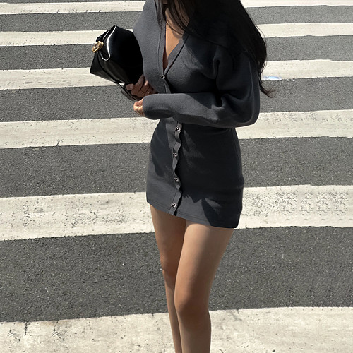 Sexy Deep V-neck Knit Long-sleeved Fitted Waist Dress SUM-24163