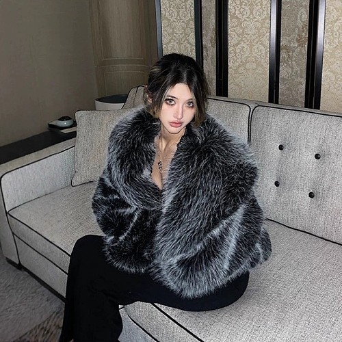 Women's Autumn/Winter Black and Gray Dyed Faux Fur Jacket ZNFR-156464