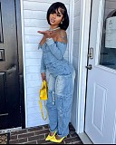 Strapless One-shoulder Buttons Pockets Denim Long-sleeved Jumpsuit Straight-leg Pants LSD-2531