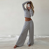 Casual Solid Color Ribbed Top and Drawstring Trousers Tracksuit MRA-43636