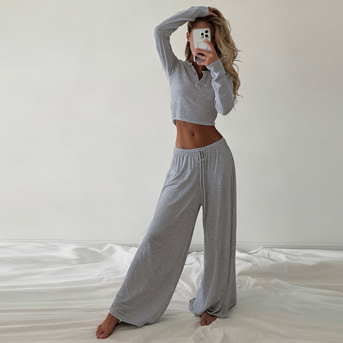 Casual Solid Color Ribbed Top and Drawstring Trousers Tracksuit MRA-43636