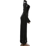 Stylish Solid Color High-neck Slim-fit Waist-revealing Dress ZJQD-86951