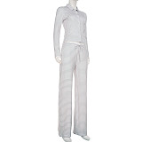 Casual Sriped Collared Button-down Lng-sleeved Cardigan With Drawstring Trousers Two-piece Set MRA-22223