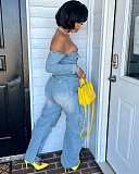 Strapless One-shoulder Buttons Pockets Denim Long-sleeved Jumpsuit Straight-leg Pants LSD-2531